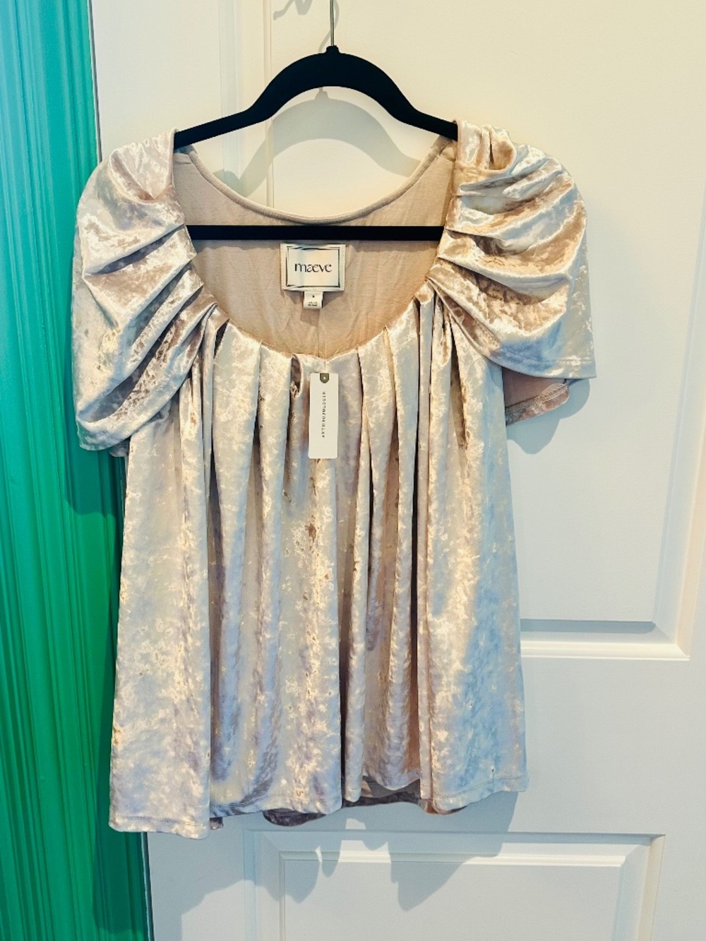 NWT Maeve for Anthropologie Short Sleeve V-neck draped velvet tee- medium